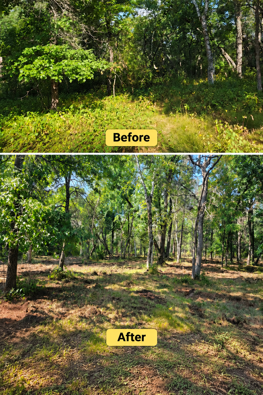 Before and after forestry mulching project showing dense woodland undergrowth cleared beneath mature trees